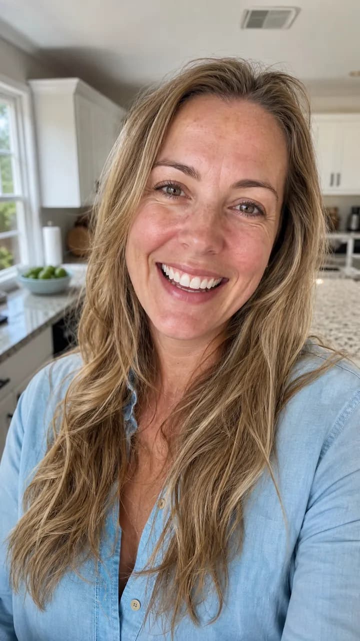 Amber B. laughing in a bright family kitchen
