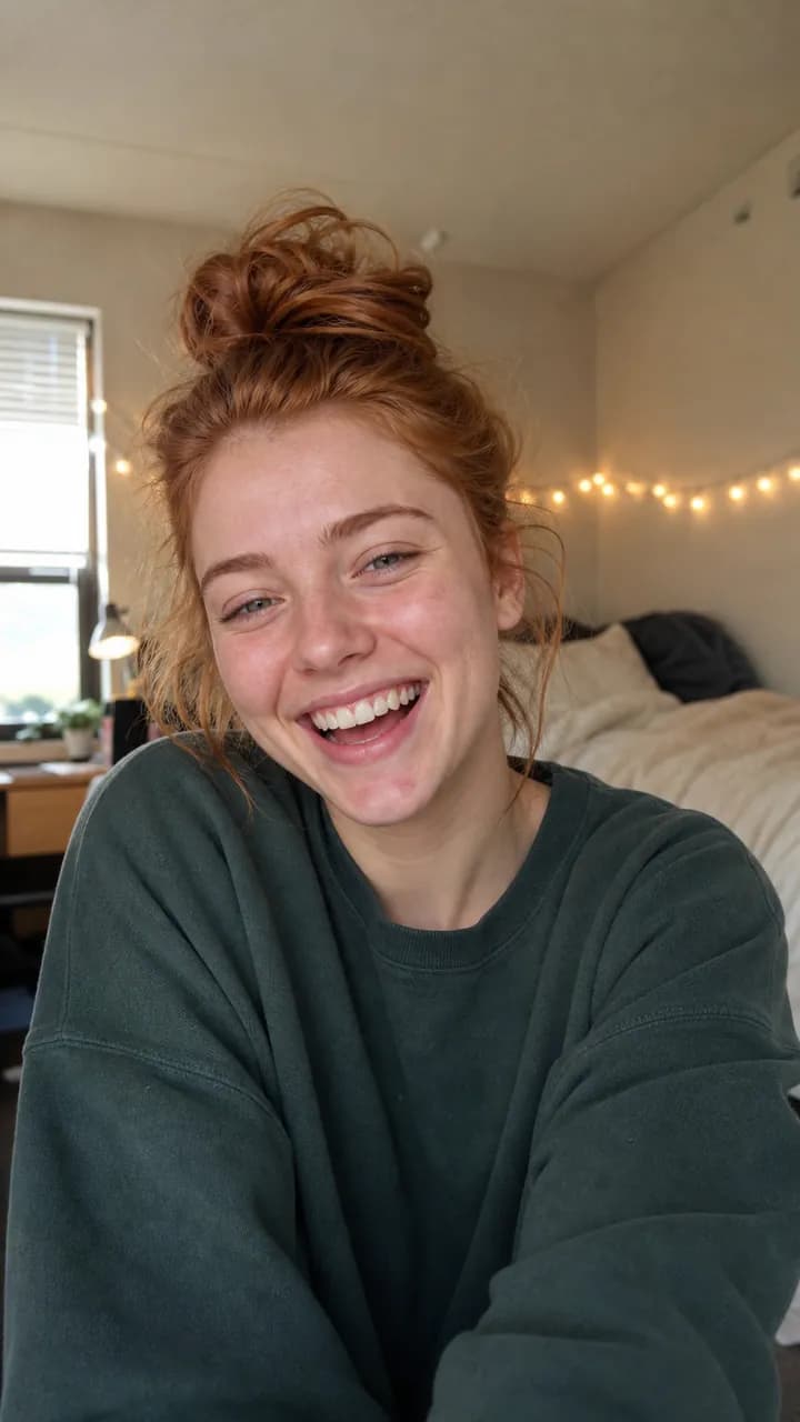 Bella F. laughing in a small dorm room with warm string lights