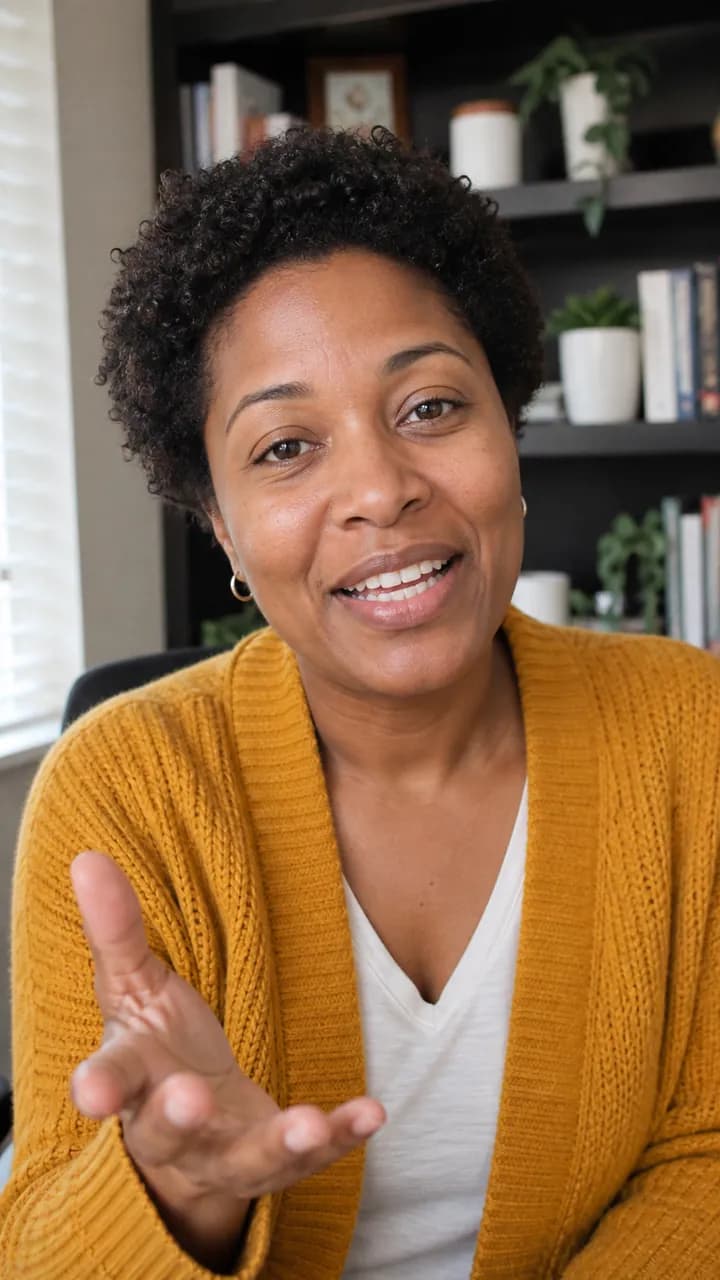 Camille D. gesturing to camera in a home office with a bookshelf
