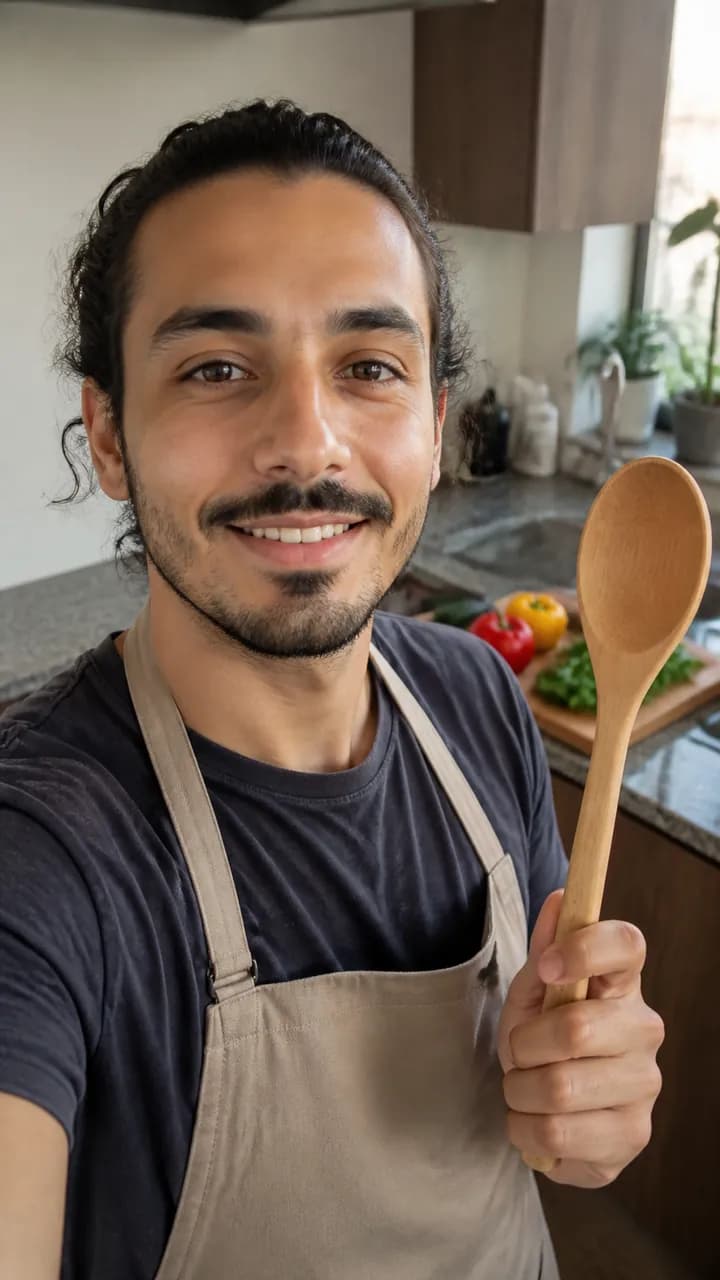 Dario M. holding a wooden spoon in a home kitchen