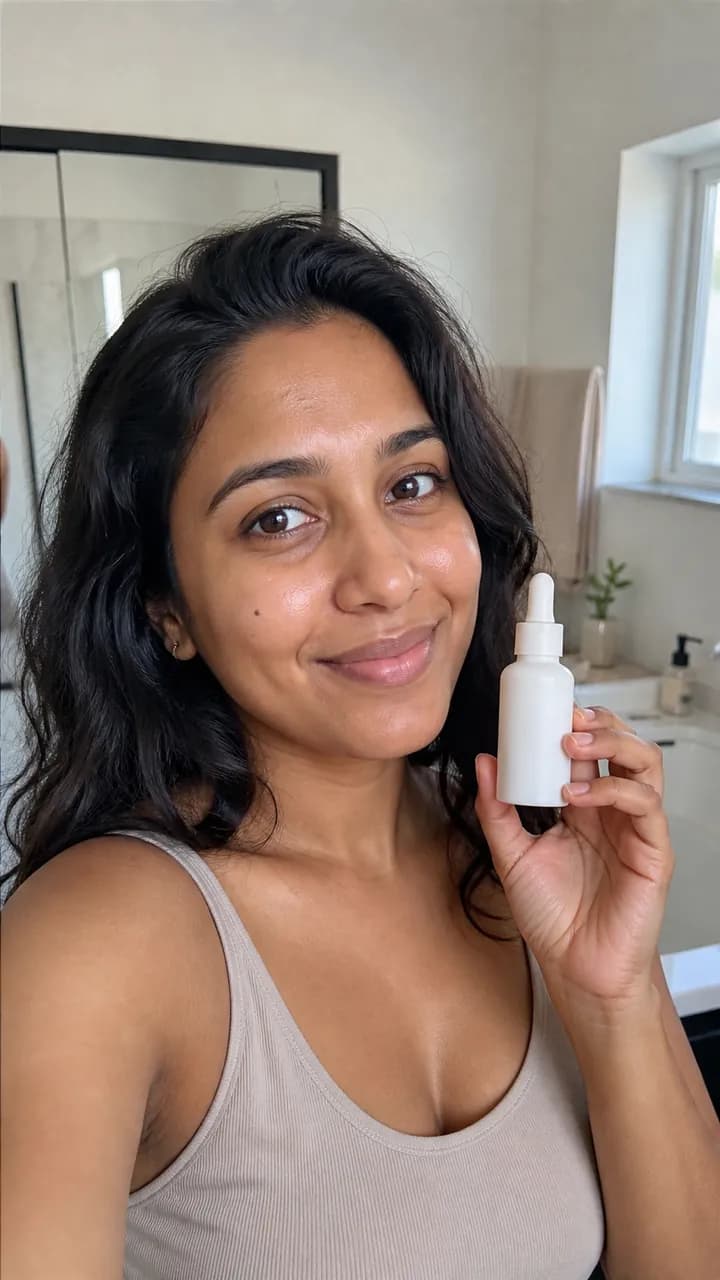 Maya W. holding a small serum bottle in a bright home bathroom