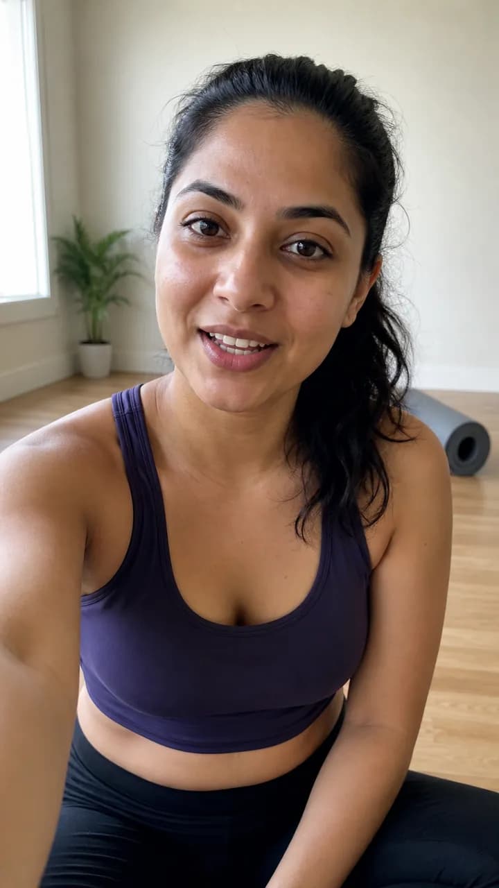 Nadia H. sitting cross-legged talking to camera in a bright yoga studio