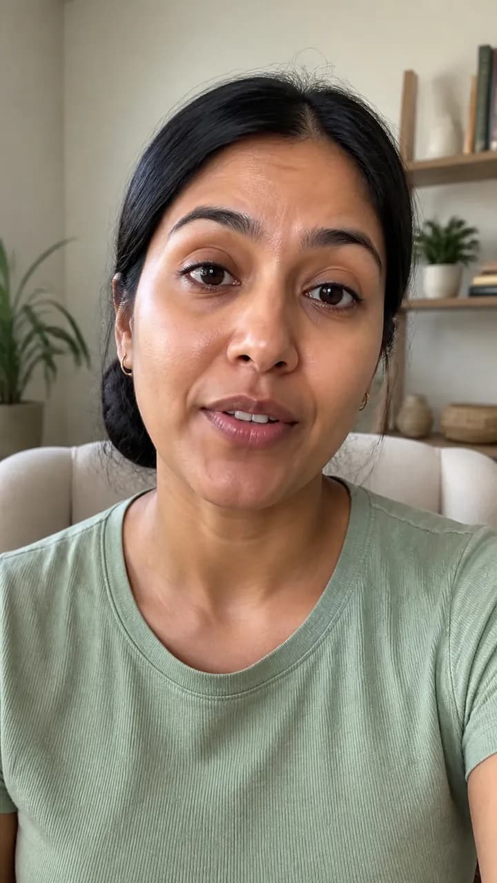 Priya R. speaking to camera in a calm neutral therapy room