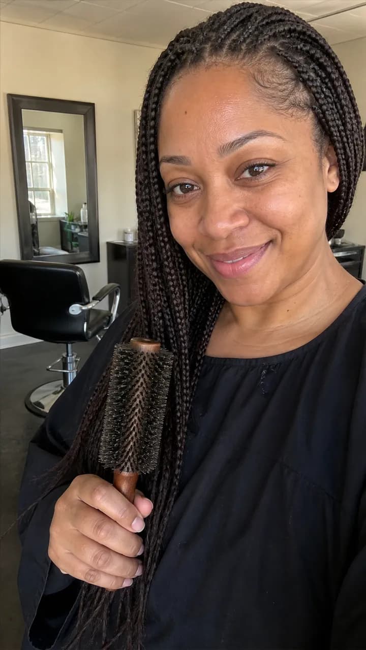 Renée A. holding a round brush in a small hair salon
