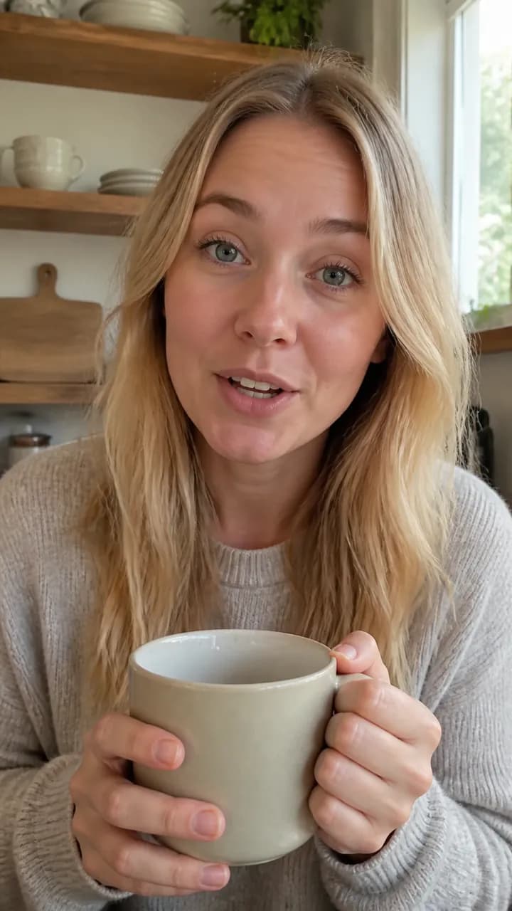 Sophie L. holding a ceramic mug in a sunlit kitchen