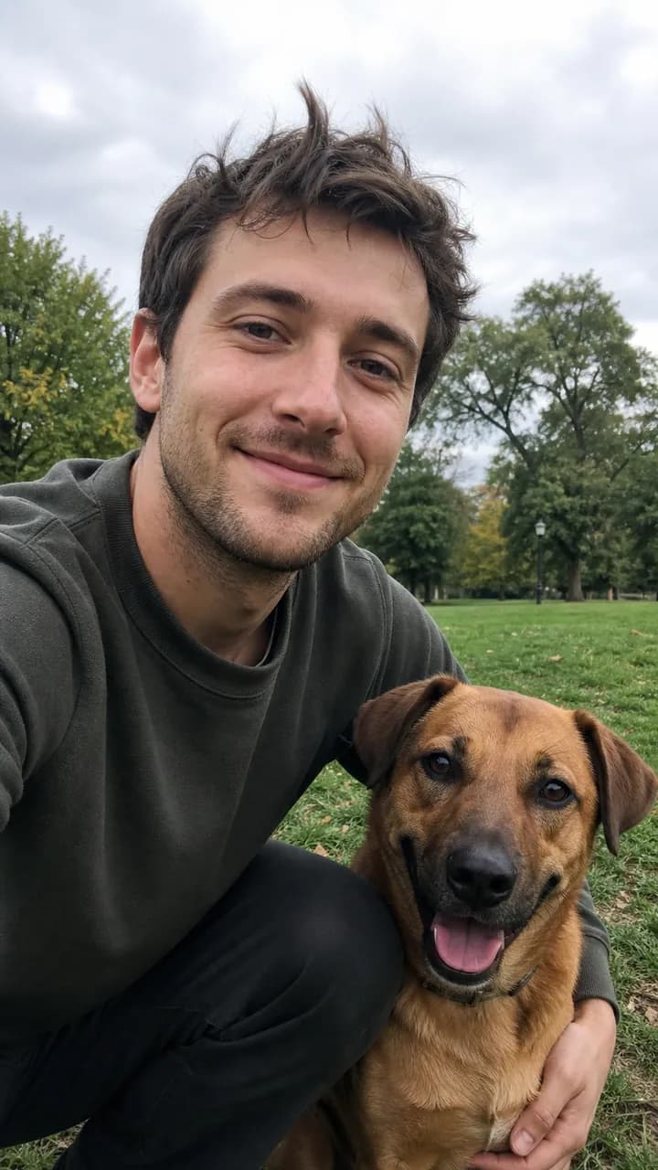 Tobias N. crouching beside a brown dog in a green park