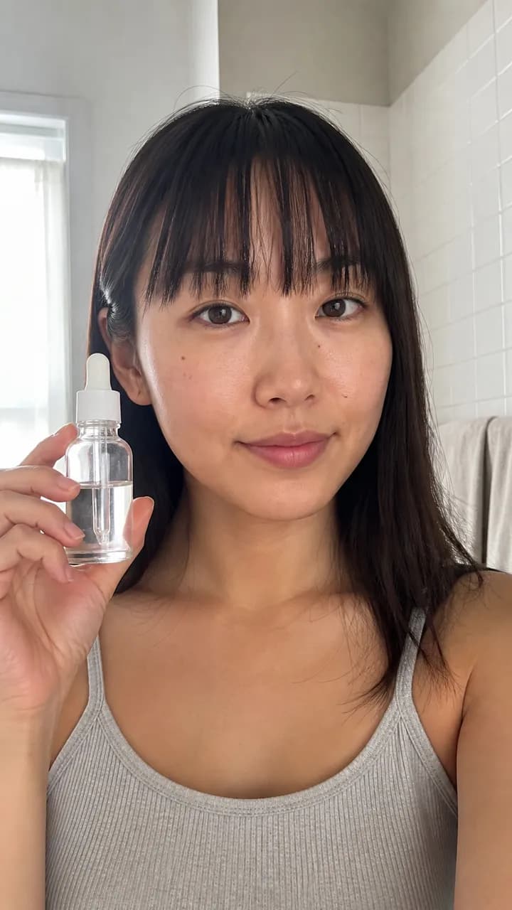Yuki T. holding a glass dropper bottle in a minimal white bathroom